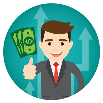 Businessman earns money, round vector