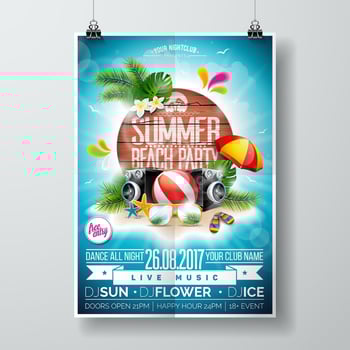 Vector Summer Beach Party Flyer Design with typographic elements on wood texture background.