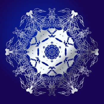 Mandala, amulet. Esoteric silver symbol on a blue background. vector