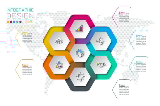 Business hexagon labels shape infographic on circle. vector