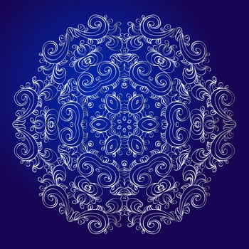 Mandala, amulet. Esoteric silver symbol on a blue background. vector