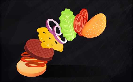 Hamburger with lettuce, onion, cheese, tomato and meat. Flying ingredients of burger. Vector cartoon illustration