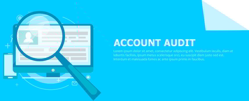 Account audit banner. A computer with a magnifying glass pointed at it. Vector flat illustration