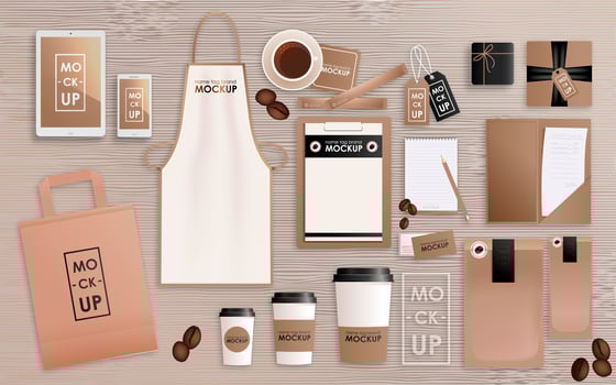 Corporate identity design template set for coffee shop or house. Mock-up package, tablet, phone, price tag, cup, notebook. Vector realistic concept