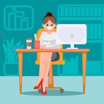Woman in the office at the table. Vector flat illustration