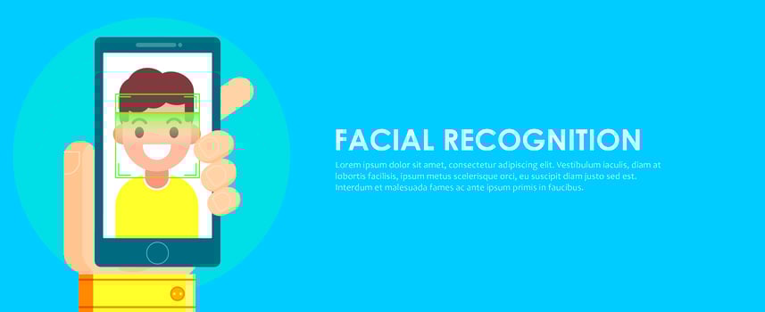 Face recognition and mobile identification. Youngman unlocking her smartphone, or app. flat illustration vector