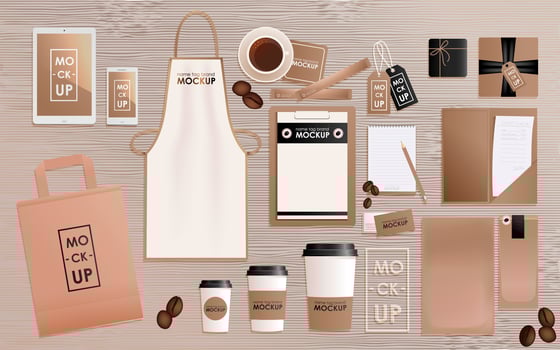 Corporate identity design template set for coffee shop or house. Mock-up package, tablet, phone, price tag, cup, notebook. Vector realistic concept