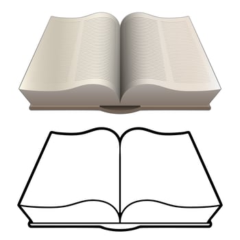 Open book, bible, encyclopedia, classic style, isolated vector illustration in both detailed color and black line drawing version