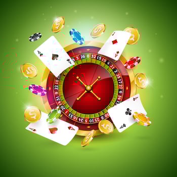 Casino Illustration with roulette wheel, poker cards,  playing chips vector