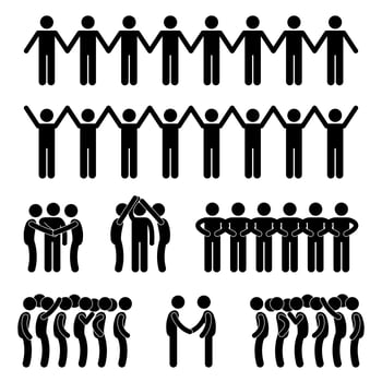Man United Unity Community Holding Hand Stick Figure Pictogram Icon. vector