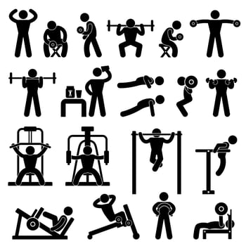 Gym Gymnasium Body Building Exercise Training Fitness Workout. vector