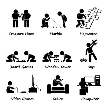 Children Playing Traditional and Modern Games Stick Figure Pictogram Icon Clipart. vector
