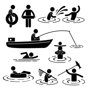 Children Leisure Swimming Fishing Playing at River Water Stick Figure Pictogram Icon. vector