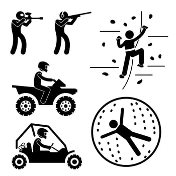 Extreme Tough Game for Man Paintball Clay Shooting Rock Climbing Quad Biking Zorb Ball Sport Stick Figure Pictogram Icon vector