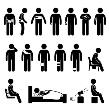 Human Body Support Equipment Tools Injury Pain Stick Figure Pictogram Icon. vector