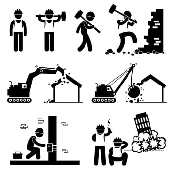 Demolition Worker Demolish Building Stick Figure Pictogram Icon Cliparts. vector