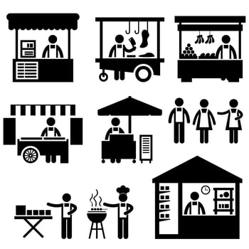 Business Stall Store Booth Market Marketplace Shop Icon Symbol Sign Pictogram. vector