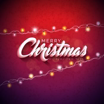 Vector Merry Christmas Illustration with 3d Typography Design and Holiday Light Garland on Shiny Red Background. Happy New Year Design.