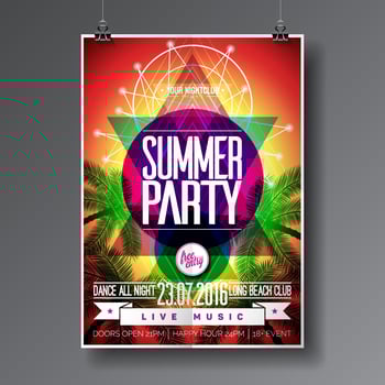 Vector Summer Beach Party Flyer Design with typographic elements on abstract palm