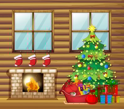 Christmas decoration in wooden house vector