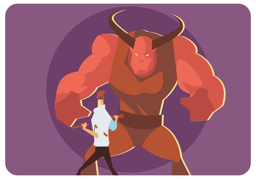 Man With Nuchaku Vs Giant Red Bull Man Vector