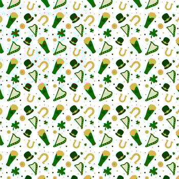 St. Patrick's Pattern With Hat, Beer, Clover, Coin And Harp vector