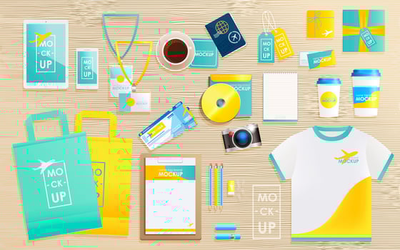 Corporate identity design template set for tourist agency. Mock-up package, tablet, phone, price tag, cup, notebook. concept for travel vector