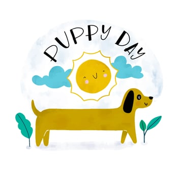 Cute Dachshund Dog With Sun, Clouds And Leaves  vector