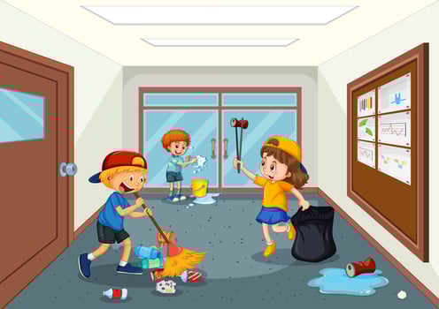 Student cleaning school hallway vector