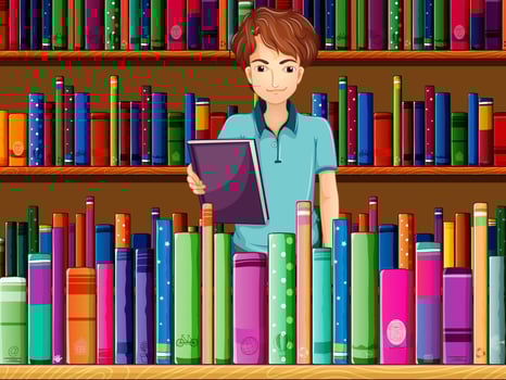 A man holding a book in the library vector
