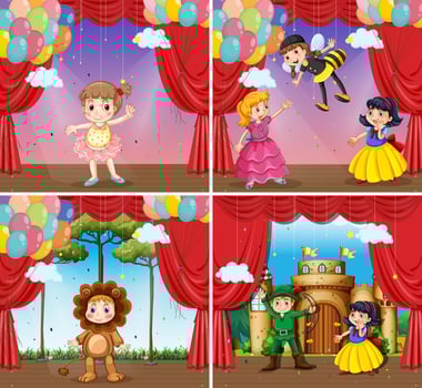 Four scenes of children doing stage plays vector