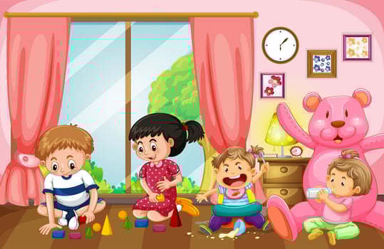 Four kids playing toys in livingroom vector
