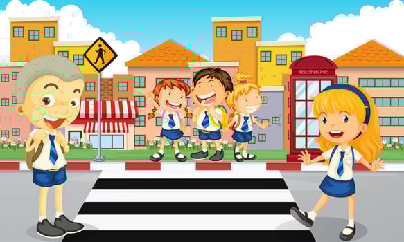 Students crossing the road vector