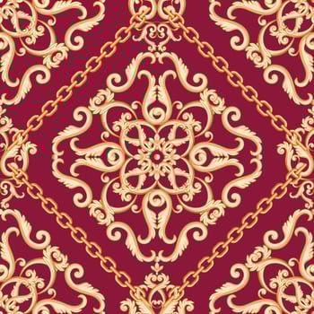 Seamless damask pattern. Golden beige on pink purple texture with chains. Vector illustration.