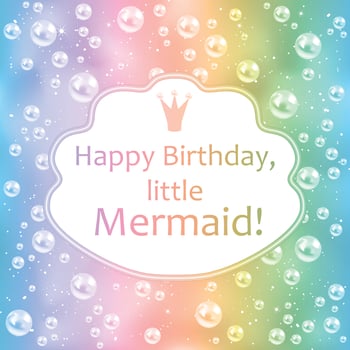 Birthday card for little girl. Blurred background, pearls and frame. Vector illustration