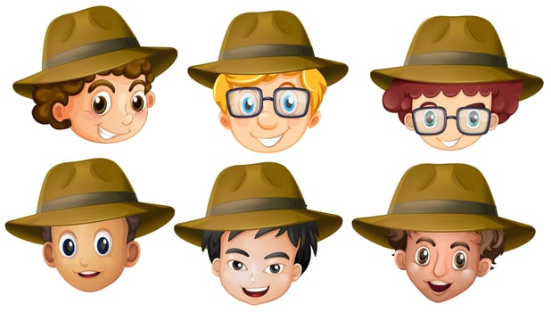 Heads of boys with brown hats vector