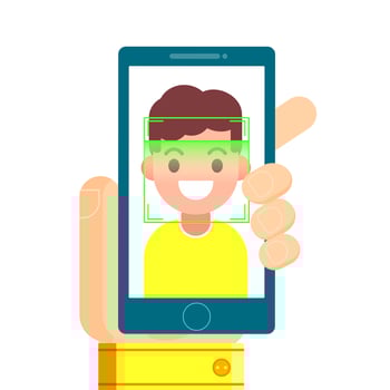 Face recognition and mobile identification. Youngman unlocking her smartphone, or app. flat illustration vector