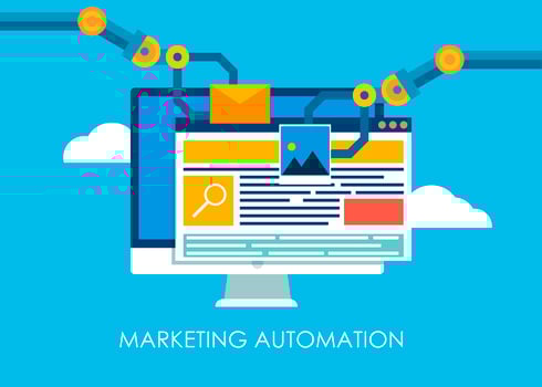 Marketing Automation. Computer with a site that builds the robot's hands. Vector flat illustration