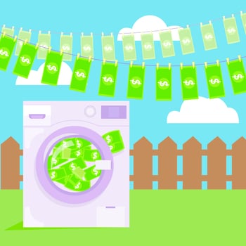 Money laundering in washing machine illustration. Vector flat