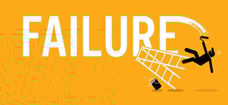 Painter painting the word failure on a wall by climbing up on a ladder but fell down miserably. vector