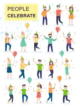 Set of young joyful laughing people jumping with raised hands vector