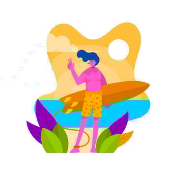 Flat Boy Holding Surfboard Enjoy Summer Vector Illustration