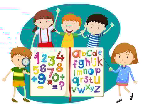 Children with book of math and english vector
