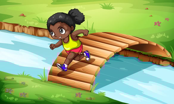 A black girl crossing the wooden bridge vector