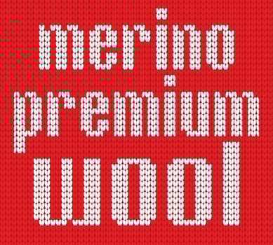 Knitted Text. Merino premium wool. Inr ed and white colors. Vector illustration.
