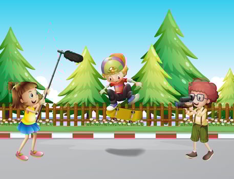 Children shooting boy playing skateboard vector