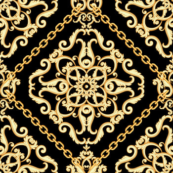 Damask golden pattern on black with chains vector