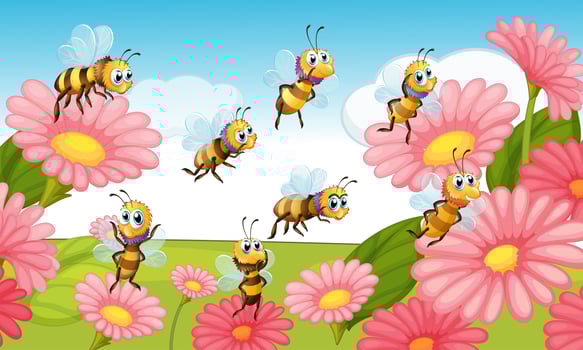 Bees flying in the flower garden vector