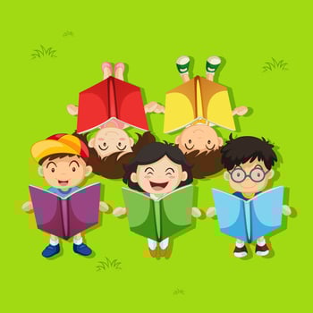 Many children reading books in the park vector