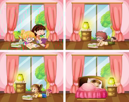 Children reading books and sleeping in bedroom vector